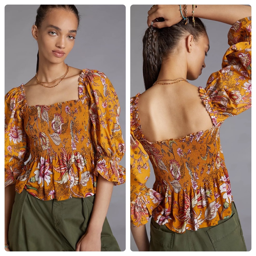 Anthropologie smocked Sweetheart Blouse Yellow Motif (consistently Apply) - Picture 1 of 15